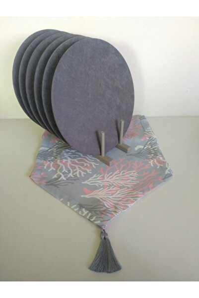 Ayşemce Amerikan Servis Takım Pembe Mercan Desenli Runner (6 Gri Supla)