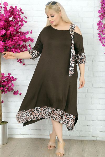 Kheos Leopard Pattern Off-the-Shoulder Buckle Asymmetrical Lycra Evening Dress