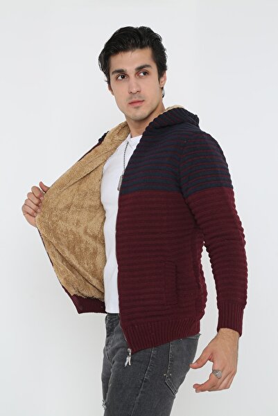 KMKkombin Men's Navy Blue Fur Lined Hooded Knitwear Knitted Cardigan