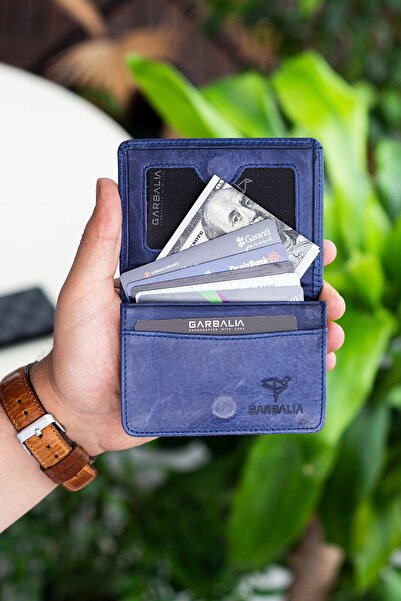Garbalia Magnet Crazy Leather Navy Blue Unisex Card Holder Wallet