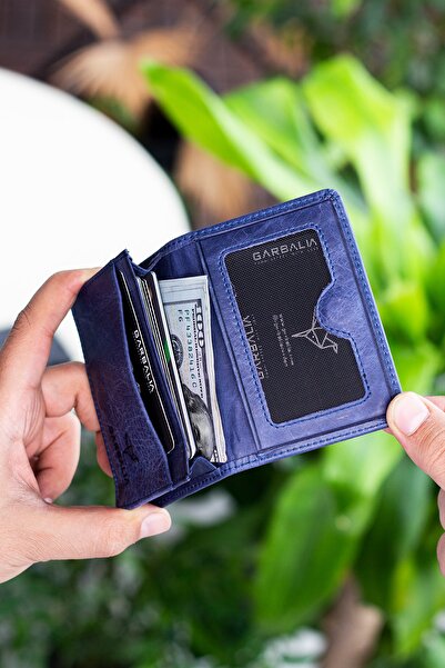 Garbalia Magnet Crazy Leather Navy Blue Unisex Card Holder Wallet