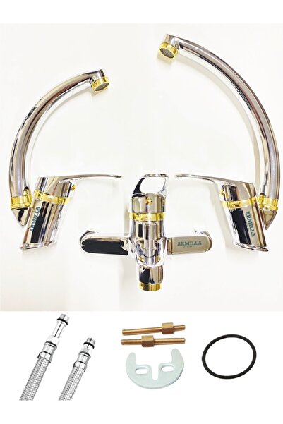 ARMİLLA ARMATÜR كروم جولد ميكس سوان للحمام والمطبخ والحوض خلاط صنبور مجموعة من 3