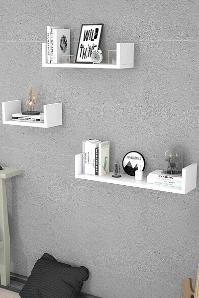 Egecan Mobilya White Wall Shelf U Model Shelf Flying Shelf Hidden Shelf