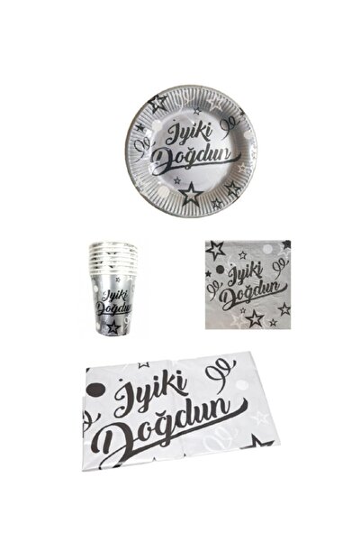 Dipak Gümüş Siyah Iyiki Doğdun Yazılı Tabak/bardak/peçete/masa Örtüsü Seti 8 ...