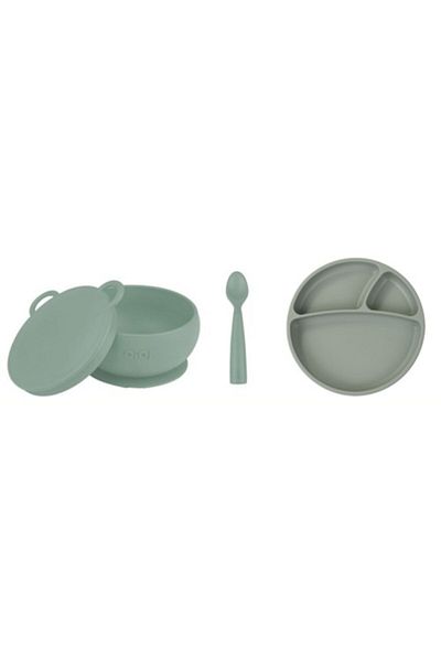 OiOi Set of 3 Bowl with Lid River Green, Nam Nam Spoon River Green, Portion Plate River Green