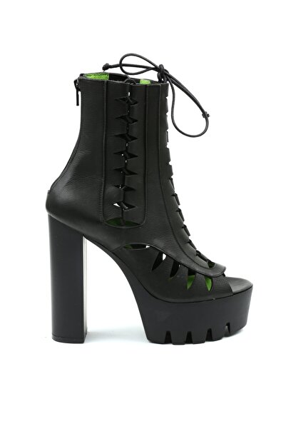 CANES AYAKKABI Kadın Siyah Deri Bağcıklı Ithal Alt - Dekolteli Bootie