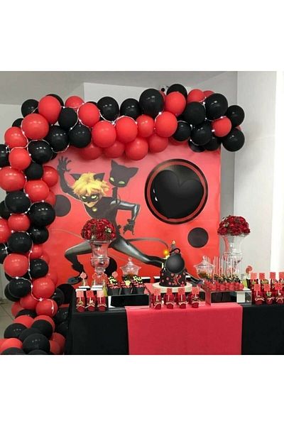 BEST PARTİ DOĞUM GÜNÜ PARTİ SÜSLERİ Black Cat Balloon Concept - 100 Pieces Red-black + Balloon Chain Gift