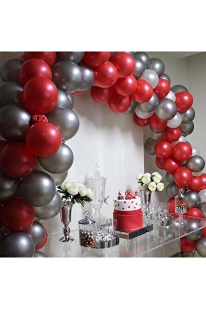 BEST PARTİ 100 Pieces Red Silver Gray Metallic Balloon + Balloon Chain