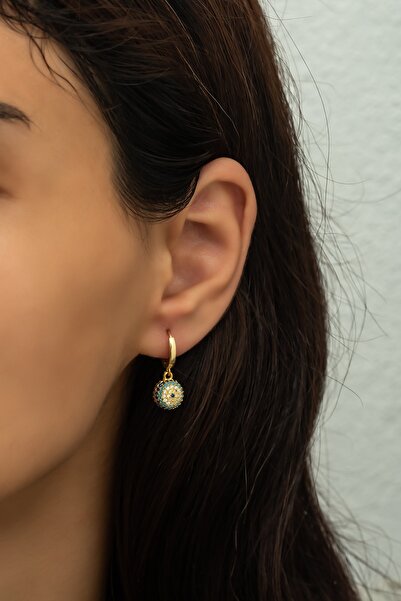 Nereze 925 Ayar Gümüş Gold Halka Nazar Göz Küpe