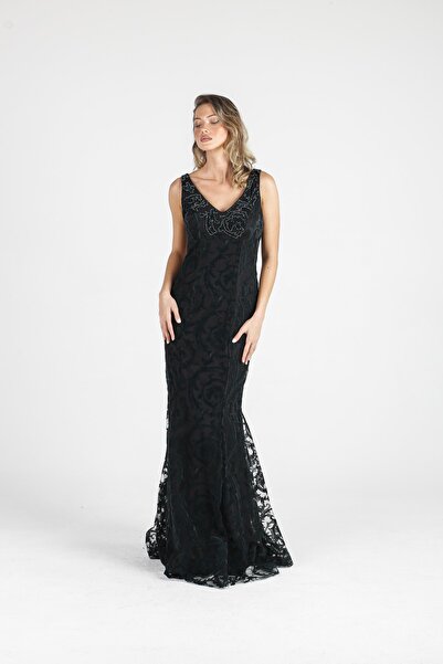 ALİS DRESS Zümrüt Kadife Desenli Abiye