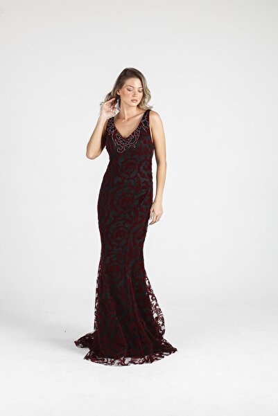 ALİS DRESS Bordo Kadife Desenli Abiye