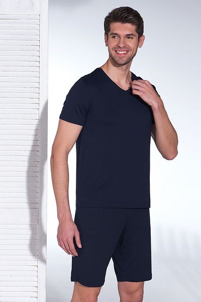Sevim Men's V-Neck Micro Modal Shorts Suit Navy Blue 9084