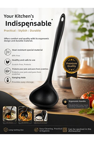 AYGÖREN HOME Heat Resistant Fireproof Non-Stick Silicone 28 cm Ladle with Har...