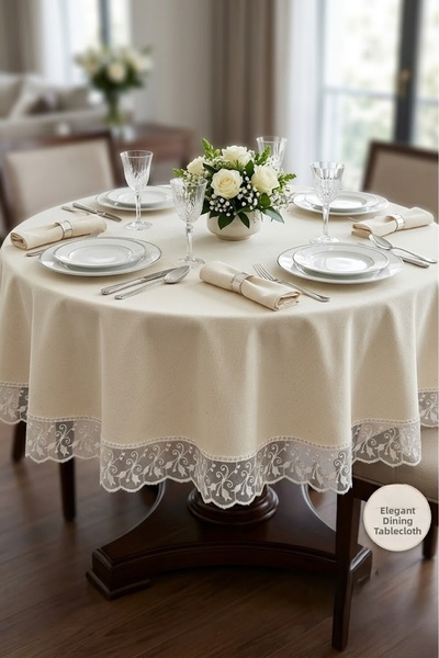 Rona Home Liquid-Proof Stain-Resistant Ecru Round Tablecloth Luxury Stylish T...