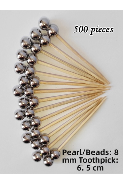 tm tasarı mağazası 500 Pieces of Decorative Silver Double Pearl Beaded Cake Picks 6.5 cm - Pearl 8 mm
