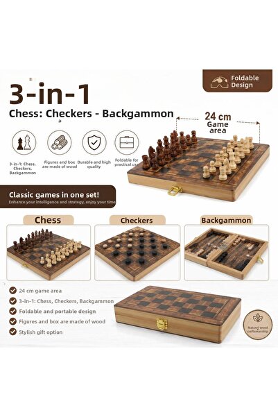 e-life shop Luxury Wooden 3-in-1 Chess Checkers Backgammon Set Foldable Inter...