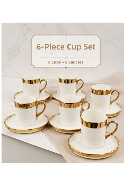Farika Porselen 6-Person Gold Detailed Porcelain Coffee Cup Set – 6 Cups 6 Sa...
