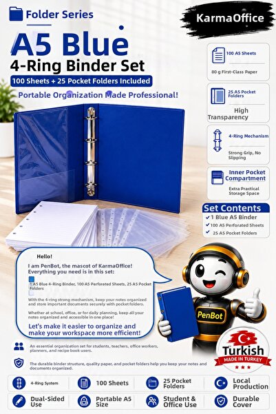 KarmaOfis مجموعة مجلدات A5 زرقاء بـ 4 حلقات، 100 ورقة، 80 جرام ورق + 25 كيس م...