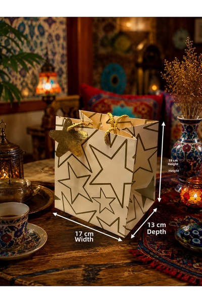 BİLGİ K K Luxury Cardboard Bag with Drawstring, Cream Color, Star Pattern, Gi...