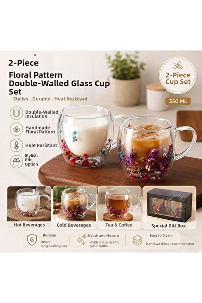 Northern Star Set of 2 Flower Patterned Double Glass Cups