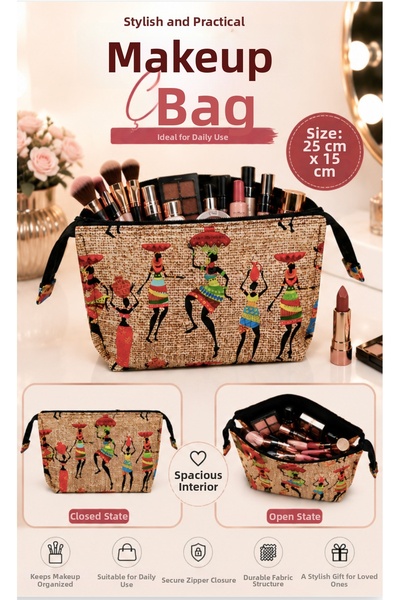 Tasarım African Woman Patterned Double Compartment Makeup Bag - Large Interna...