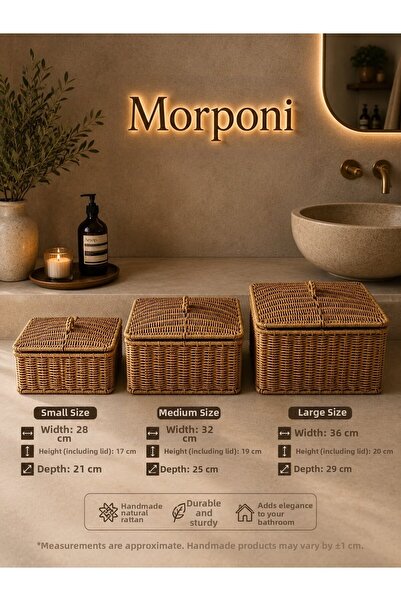 morponi Coș organizator de lux din ratan cu 3 compartimente și capac - Set organizator pentru baie și casă MRL-105A