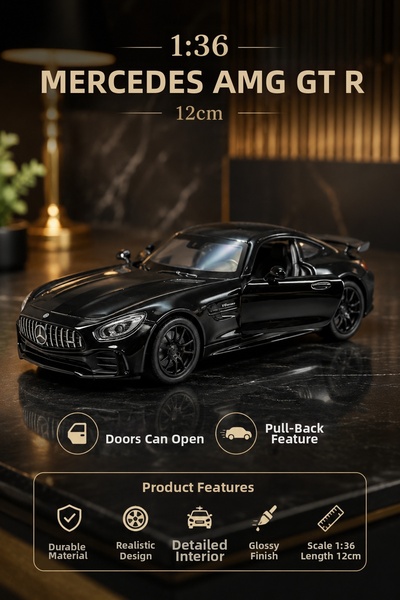 craftivio سيارة لعبة معدنية مصبوبة باللون الأسود من طراز مرسيدس AMG GT R بمقي...