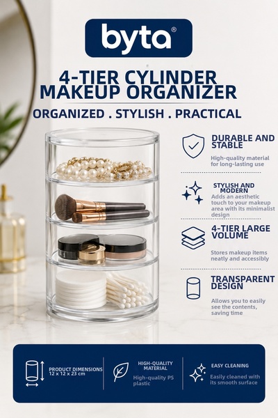 BYTA 4-Tier Transparent Cylinder Makeup Organizer – Cosmetic, Jewelry, and Ac...