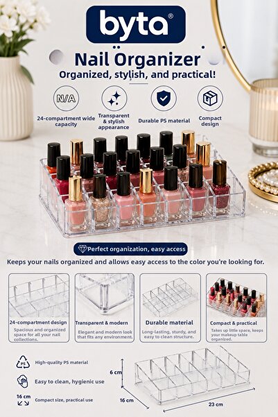 BYTA Transparent 24-Compartment Nail Polish Organizer – Desktop Cosmetic and ...