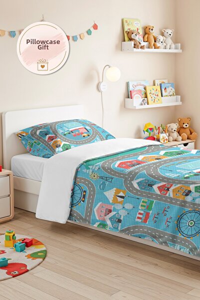 Evimde Bambaşka City Road Blue Boy's Room Single Pique Set - Colorful Roads 1...