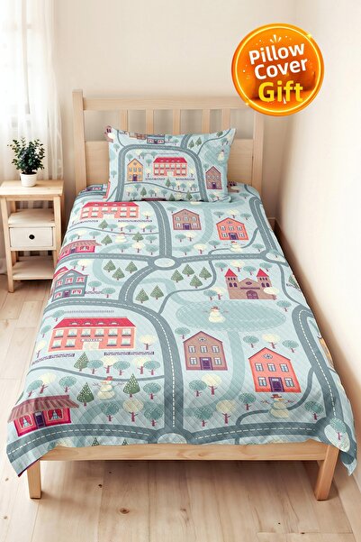 Evimde Bambaşka City Map Children's Room Single Pique Set - Pastel Houses 160...