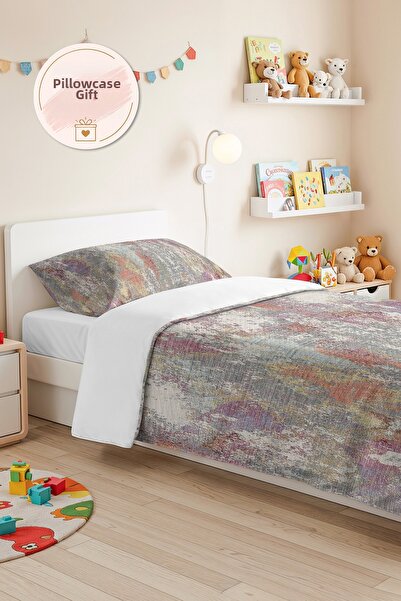 Evimde Bambaşka Modern Abstract Gray Young Room Single Pique Set-Pastel Lilac...