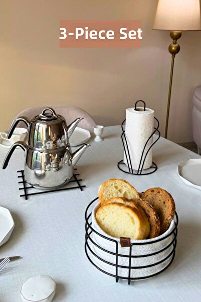 Edora Home Set of 3 Black Swan Napkin Holder Trivet Round Bread Basket Kitche...