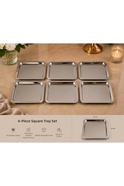 RoyalDecorHome Stainless Steel Silver 6-Piece Square Presentation Tray, Multi...