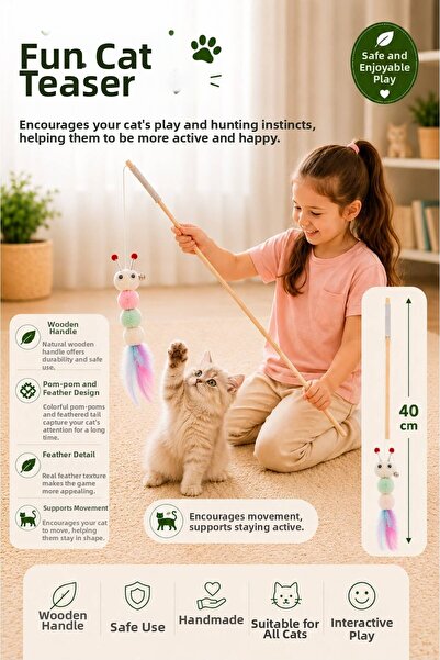 demapet 40 cm Wooden Handle, Cute Caterpillar Cat Fishing Rod with Bell