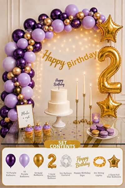 Baloncu Nene 2 Year Old Birthday Balloon Decoration Set with Purple Lilac Gol...