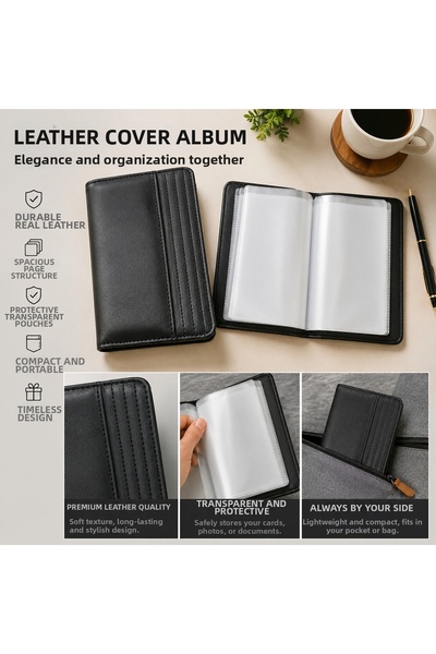 ARDSU Black Leather Covered 20-Leaf Document Bag/Photo Card