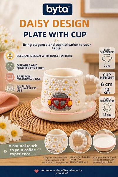 BYTA Daisy Patterned Ceramic Mug with Plate – Embossed Floral Design Beaded H...