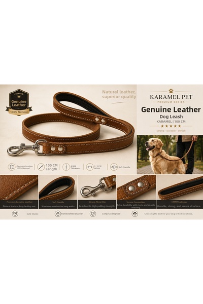 ALFA AKSESUAR 03 Genuine Leather Dog Walking Leash Camel 100 cm with Soft Pad...