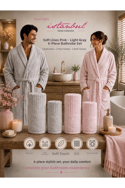 İyi Geceler İstanbul Soft Linen Family Bathrobe Set Pink-Light Gray