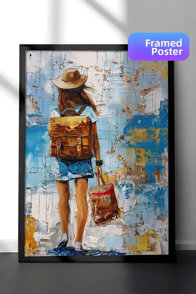 Zestia Black Framed Oil Painting Art Wall Painting, Backpack Traveller Woman ...