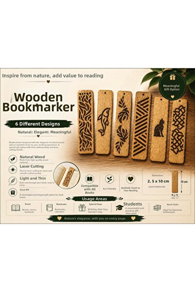 ROKH 🌿   Wooden Bookmarks Set of 6 |   Laser Cut Decorative Natural Wood Boo...
