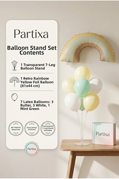 Partixa Retro Rainbow Yellow Balloon Stand Set |   Transparent 7-Piece Stand ...