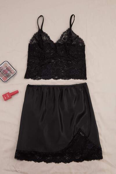 Trendyol Collection Black Plain Satin Woven Pajamas Set Thmss26Pt00100