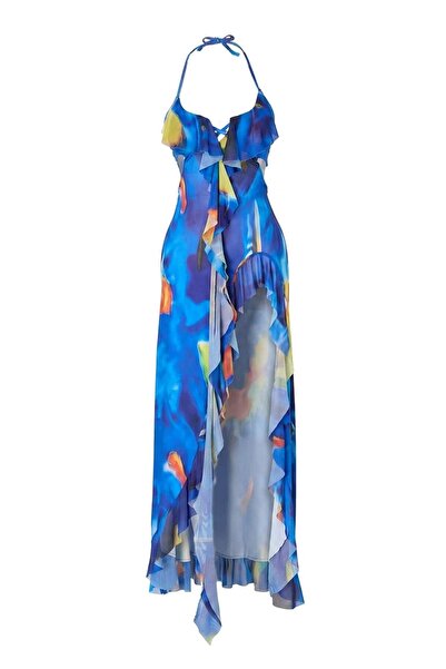 Trendyol Collection فستان شاطئ منسوج بنمط تجريدي وفتحة عميقة وحواف مكشكشة TBE...