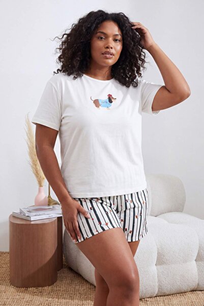 Trendyol Curve White-Multicolor Dog Printed Striped Knitted Large Size Pajama...