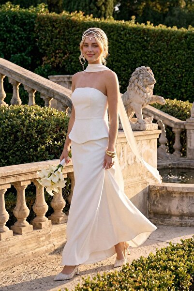 Trendyol Kollektion Gewebtes Maxi-Abendkleid mit weißem Schal und Abschlussba...