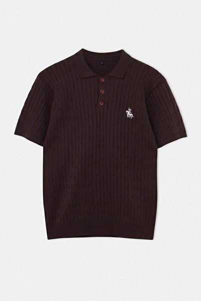 Trendyolmilla Man Kahverengi Regular/Normal Kesim Nakışlı Dokulu Triko Polo Yaka T-shirt TMNAW27PO00004
