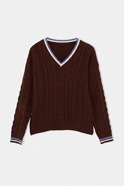 Trendyol Collection Brown Hair Braided College Themed Knitwear Sweater Twoaw2...