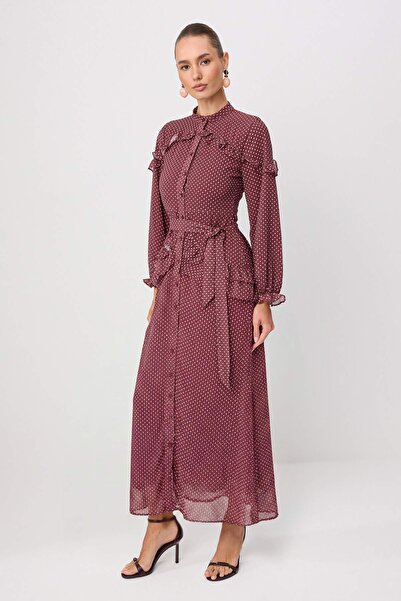 Trendyol Modest Rochie și salopetă cu căptușeală burgundy, cu țesătură floral...